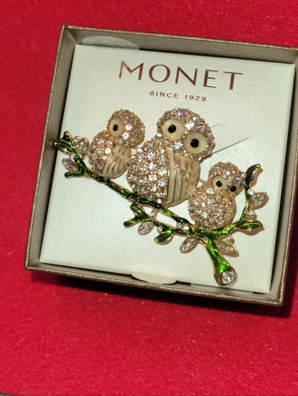 Monet Gold-Tone Owl Trio Brooch with Green Enamel Branch